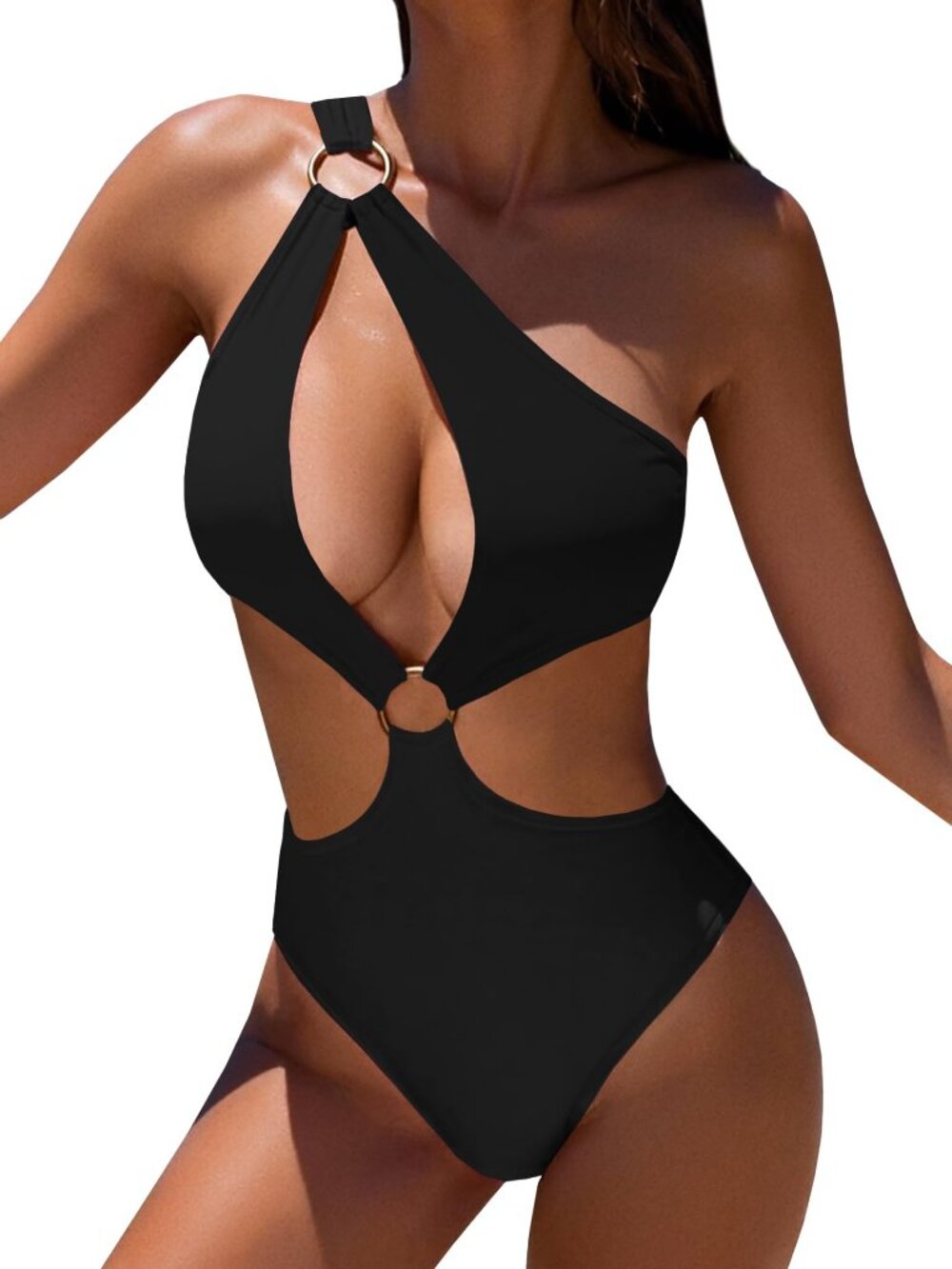 Sexy Black One-Piece Ring-Linked Cut Out High Cut Bathing Swimsuit Size XL